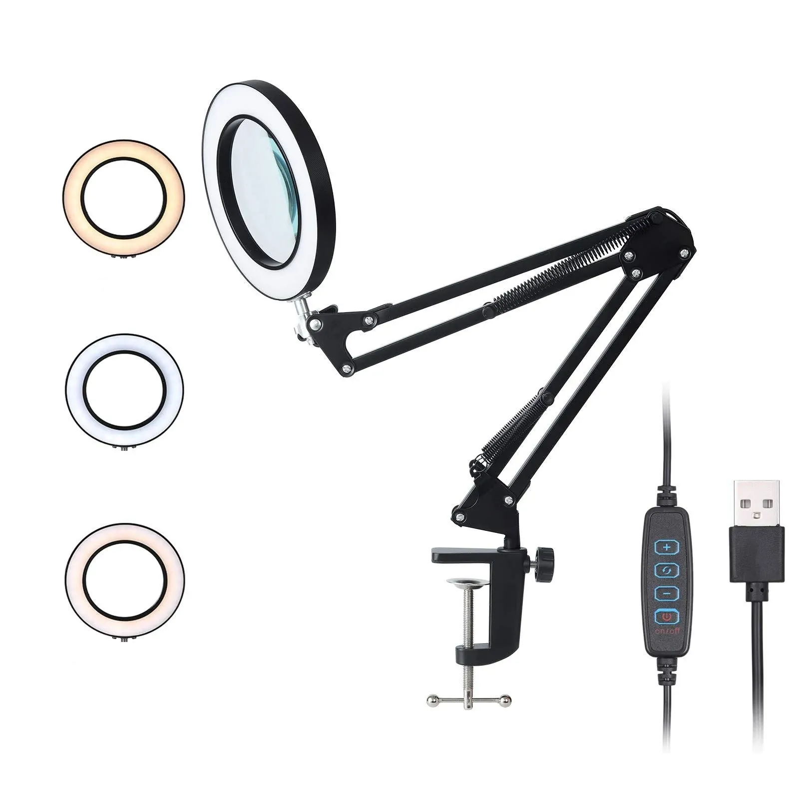 Magnifying Glass with Light and Stand,3 Color Modes Stepless Dimming-5X,Adjustable Swing Arm LED Magnifier Desk Lamp 5-Diopter Glass Lens, for Close