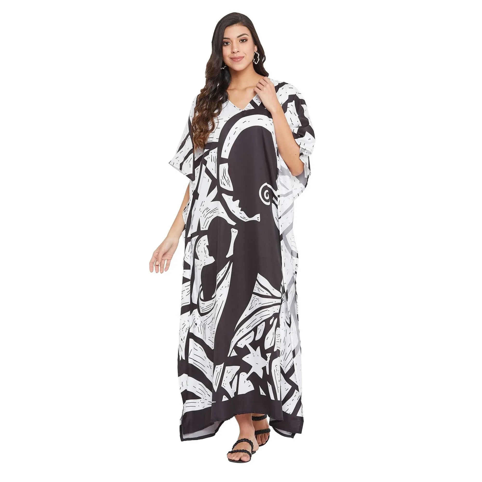 Oussum Tribal Printed Yellow Polyester Kaftan Dress for Women