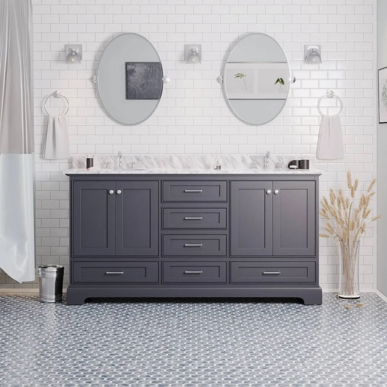 KitchenBathCollection Harper 72" Double Bathroom Vanity with Carrara Marble Top ...