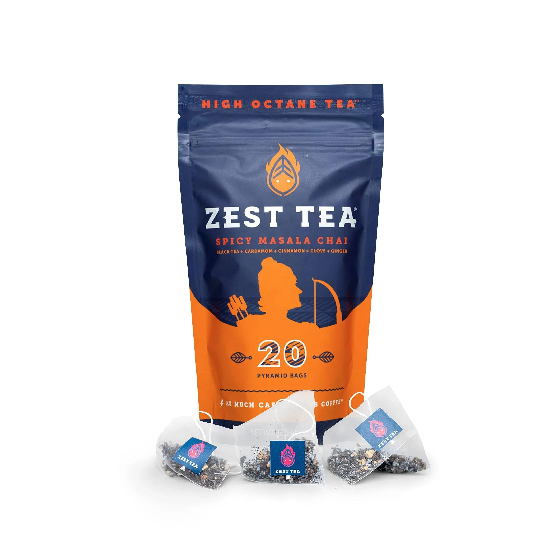 Zest 150mg High Caffeine Energy Leaf Blend - Spicy Masala Chai Black Tea - 20 Pack Bag - All Natural Strong Flavored Healthy Coffee Alternative Highly Caffeinated Substitute - Perfect for Keto Diet