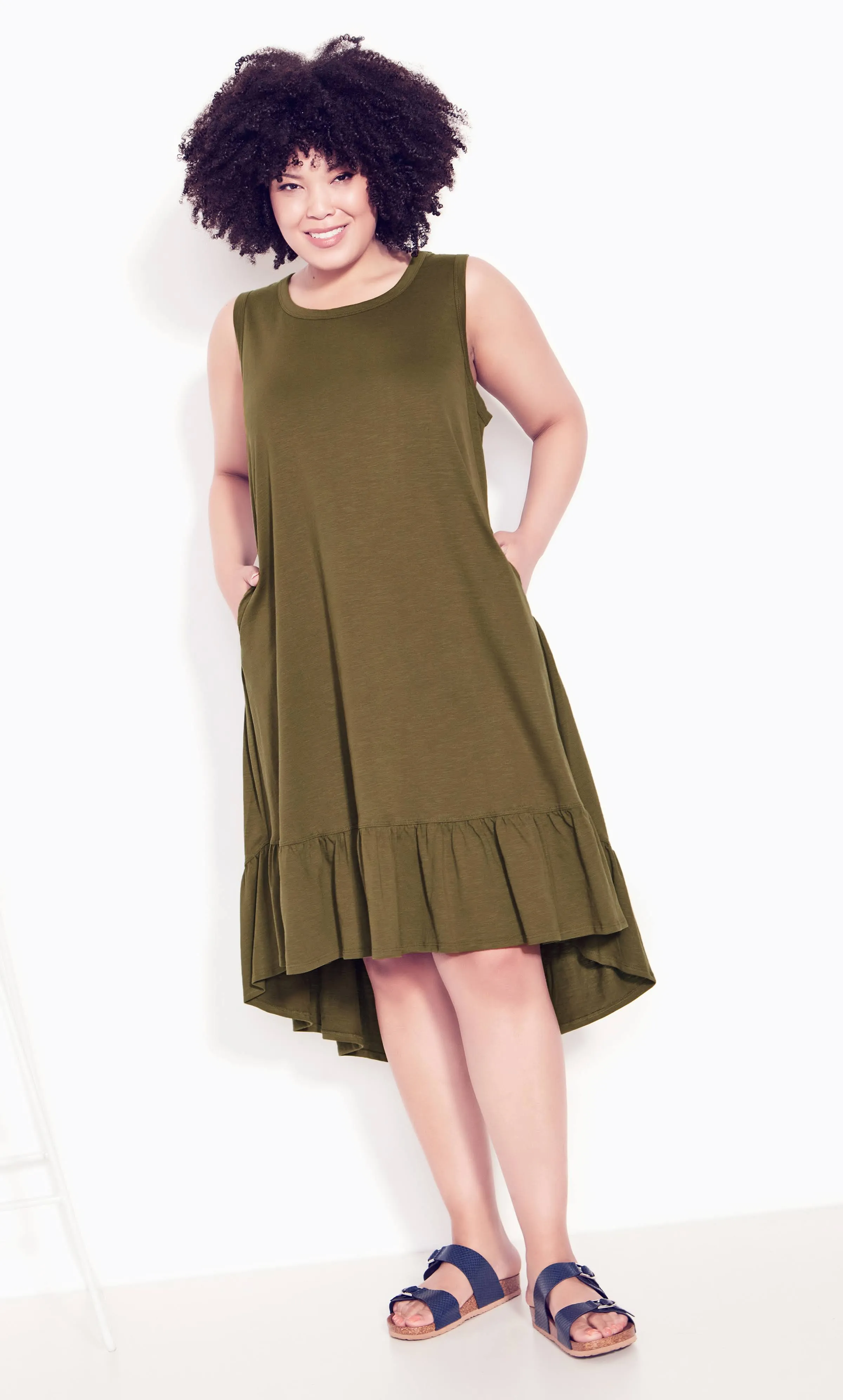 Plus Size Dress Evie Ruffle Plain in Olive, Size 30/32 | Zim & Zoe