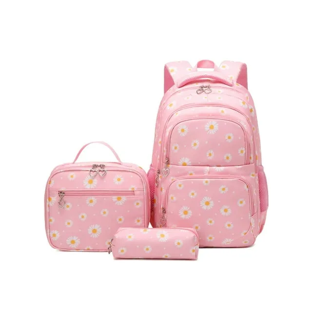 Forestfish Pink Daisy School Backpack Set for Girls with Lunch Bag and Pencil Case Water Resistant Lightweight Large Bookbag for Middle School