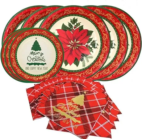 Gatherfun Christmas Party Supplies Christmas Poinsettia Flower Disposable Paper Dinner Plates Dessert Plates and Napkins for Merry Christmas Party, Serve 50