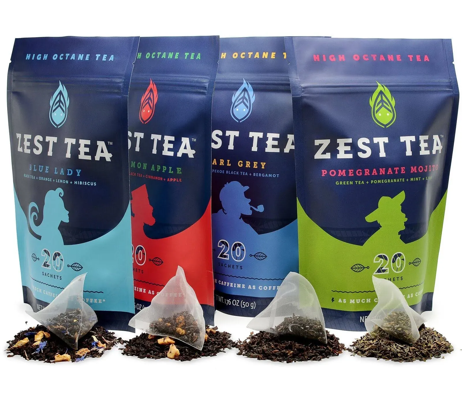 Zest Energy Tea Ultimate Sampler (4-Pack): Premium High Caffeine Blends - Blue Lady (Citrus and Hibiscus), Pomegranate Mojito, Earl Grey, Apple