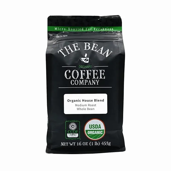 The Bean Organic Coffee Company House Blend, Medium Roast, Whole Bean Coffee, 16 ...