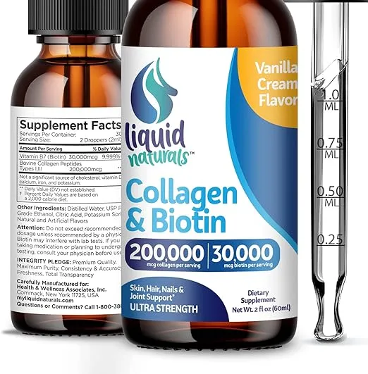 Liquid Collagen, 2 Fl. Oz Ultra-Strength Liquid Collagen for Women, Vitamin B7 Collagen Peptides, Biotin and Collagen Supplements for Hair, Skin, Nails - Vanilla Cream Flavor