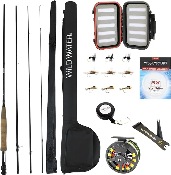 Wild Water Standard Fly Fishing Combo Starter Kit, 5 or 6 Weight 9 Foot Fly Rod, 4-Piece Graphite Rod with Cork Handle, Accessories, Die Cast Aluminum Reel, Carrying Case, Fly Box Case & Fishing Flies