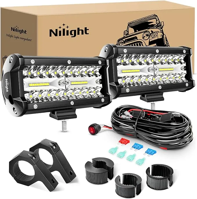 Nilight 6.5Inch 2PCS 120W Spot Flood Combo Bar Driving Waterproof Off Road Led Light with Mounting Bracket Kit Wiring Harness-2 Leads, 2 Years Warranty