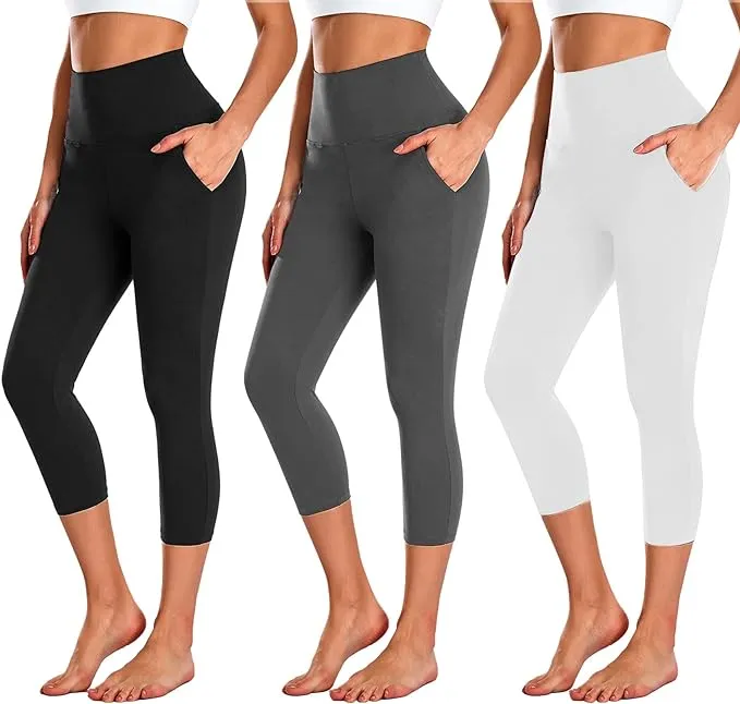 NEW YOUNG 3 Pack Capri Leggings for Women with Pockets-High Waisted Tummy Control Workout Gym Yoga Pants