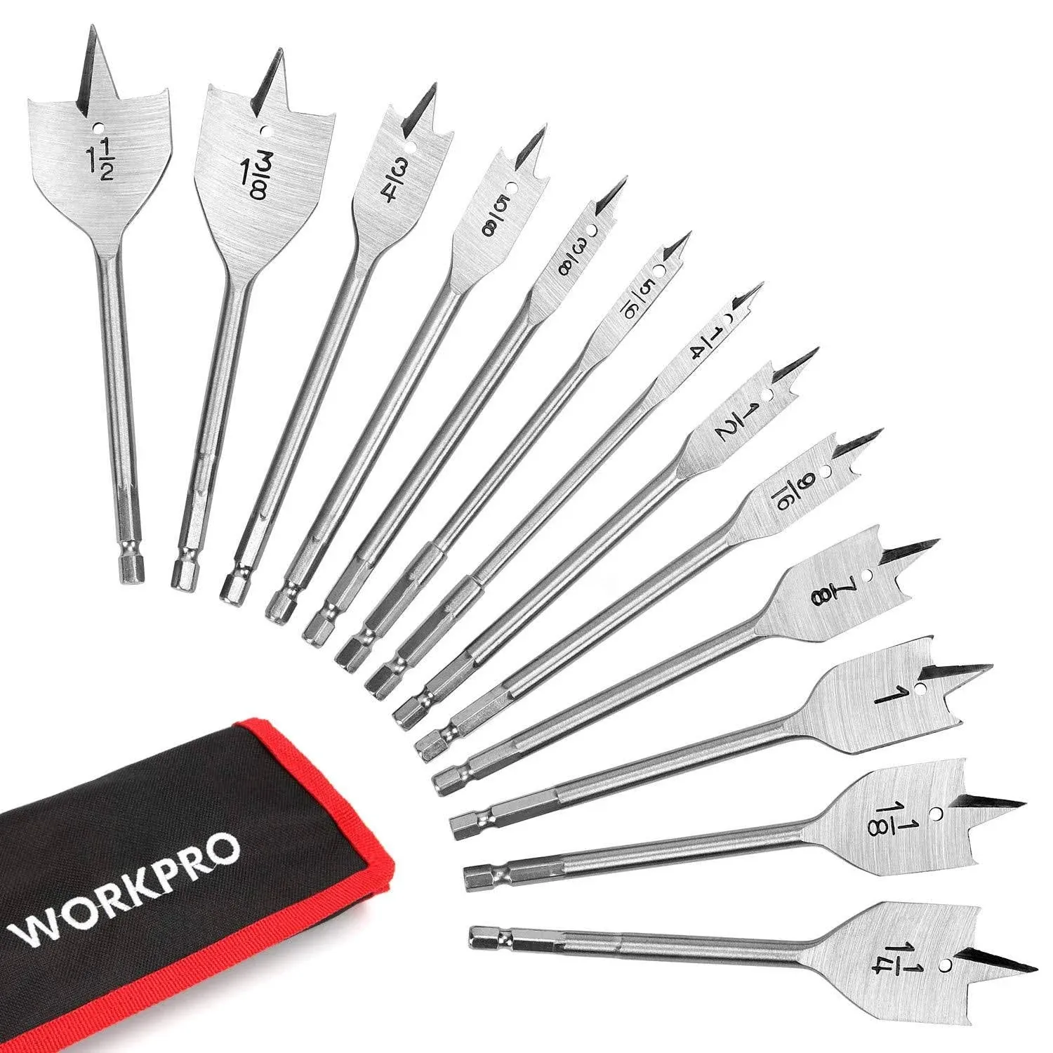 WorkPro 13-Piece Spade Drill Bit Set in SAE, Paddle Flat Bits for Woodworking, N