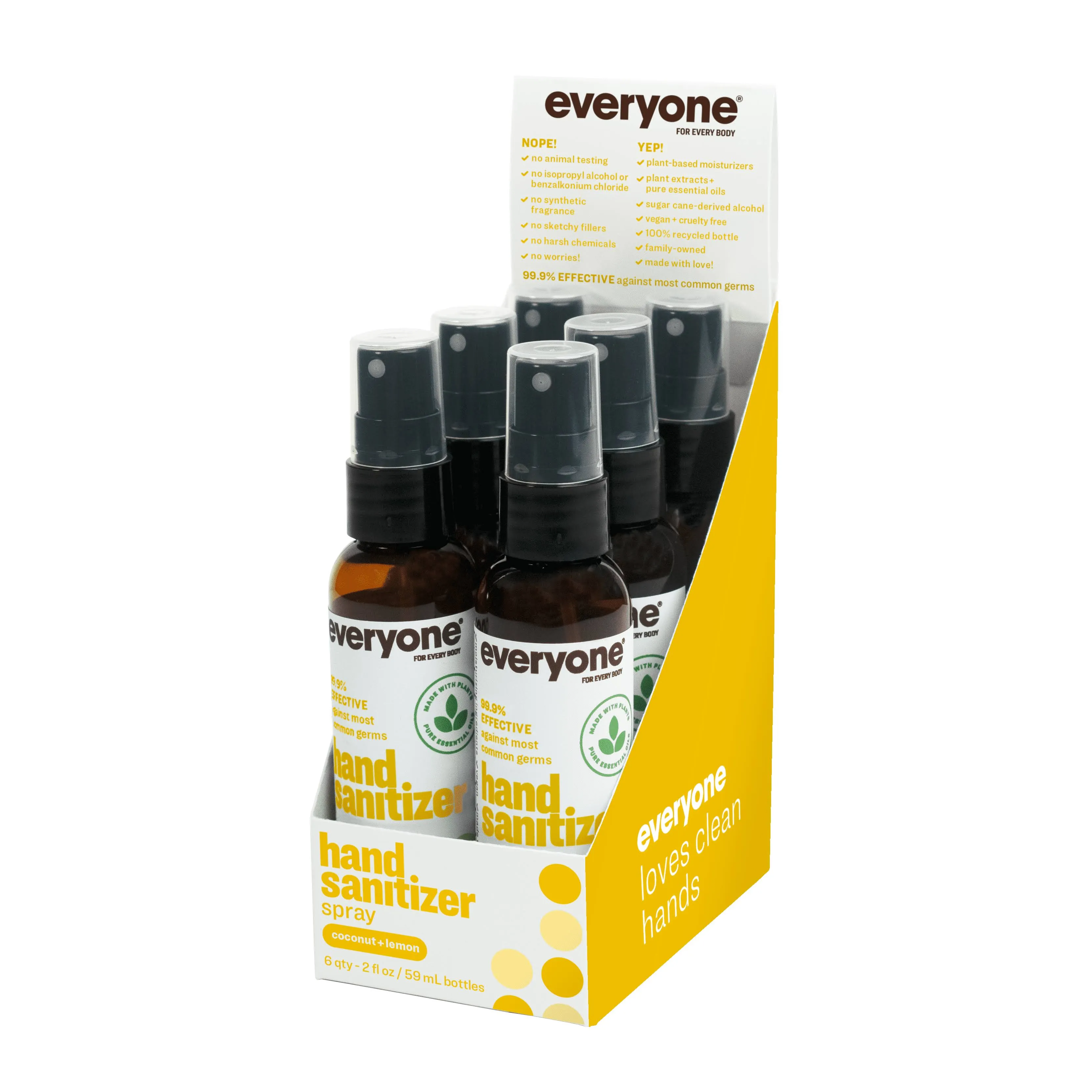 Everyone Hand Sanitizer Spray, 2 Ounce (Pack of 6), Coconut and Lemon, Plant Derived Alcohol with Pure Essential Oils, 99% Effective Against Germs