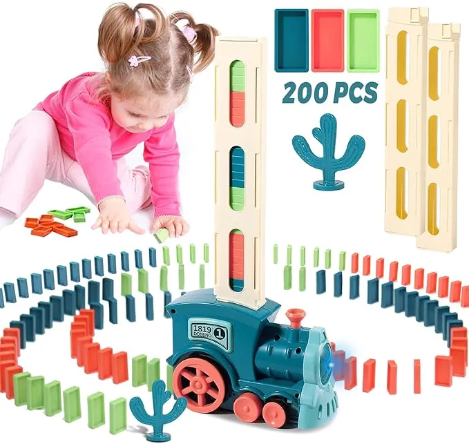 Domino Train - 200 PCS Automatic Domino Train Toy Set, Fun Domino Games for Kids, Automatic Blocks Laying Toy Train Set, Blocks Domino Set Building and Stacking Toy Gift for Boys and Girls