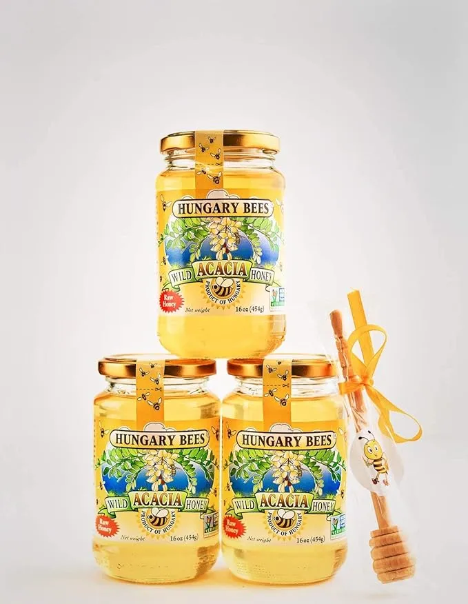 Hungary Bees 100 Percent Pure Raw Organic Wild Acacia Honey 16 Ounce- 3 Pack Includes Honey Dipper Stick