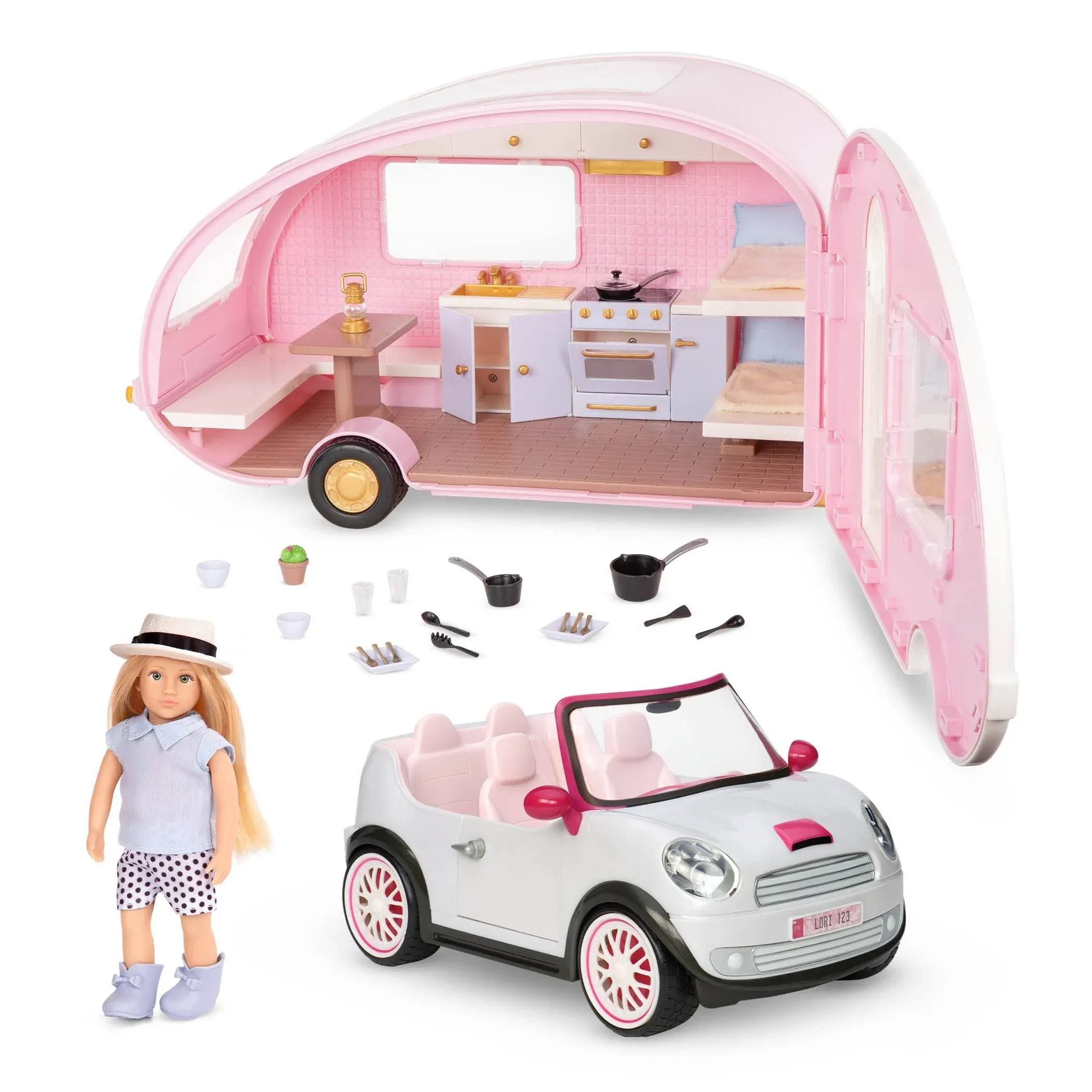 Eliza&#039;s Glamping Set, Mini Doll, Camper &amp; Car, 6-inch Doll &amp; Camping Accessories