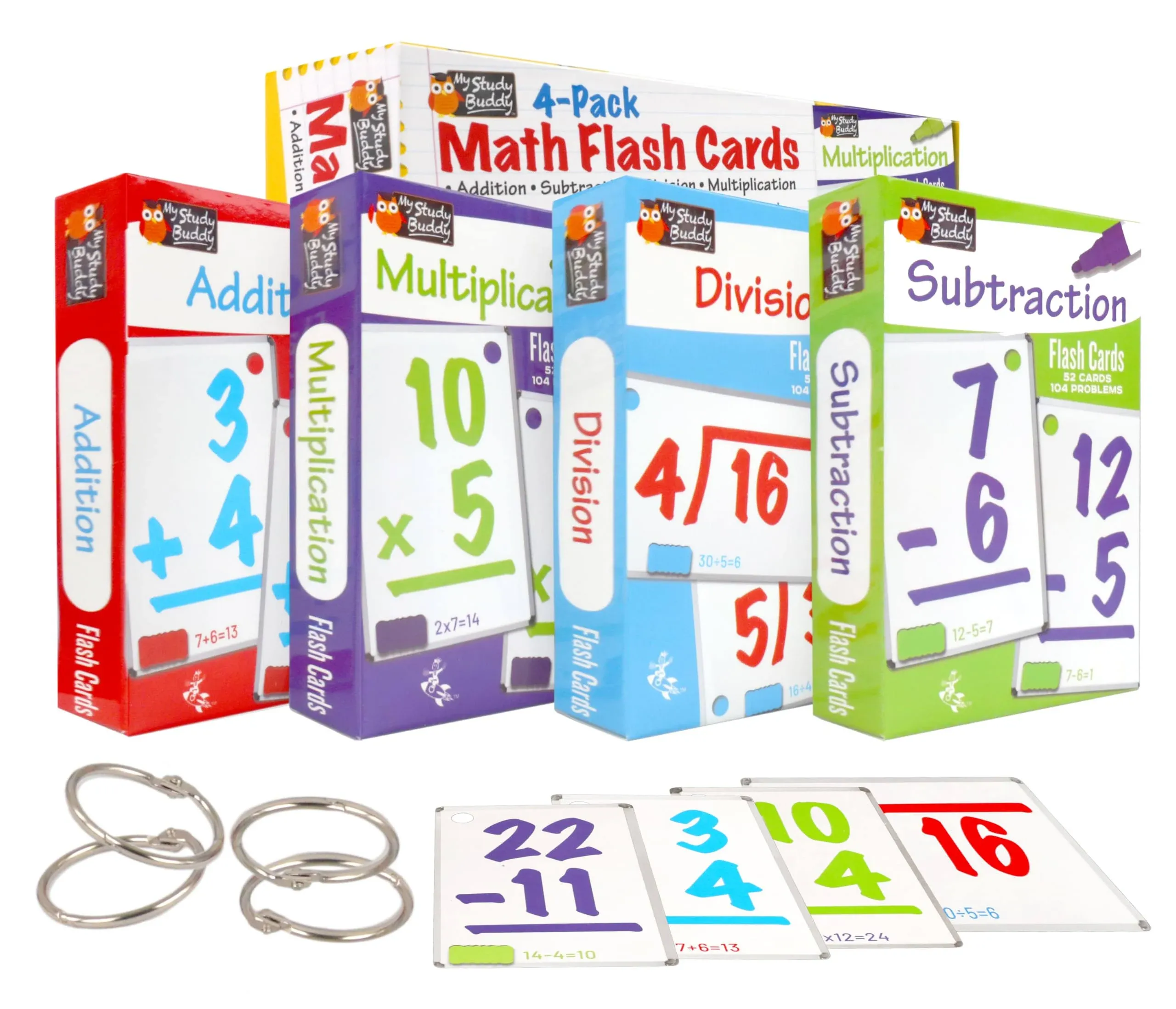 Regal Games Math Flash Cards for Multiplication, Division, Addition and Subtraction - 1st Grade, 2nd Grade, 3rd Grade Math & More - Flash Cards Math w/ 4 Binder Rings for Kids (208 Cards - 4 Packs)