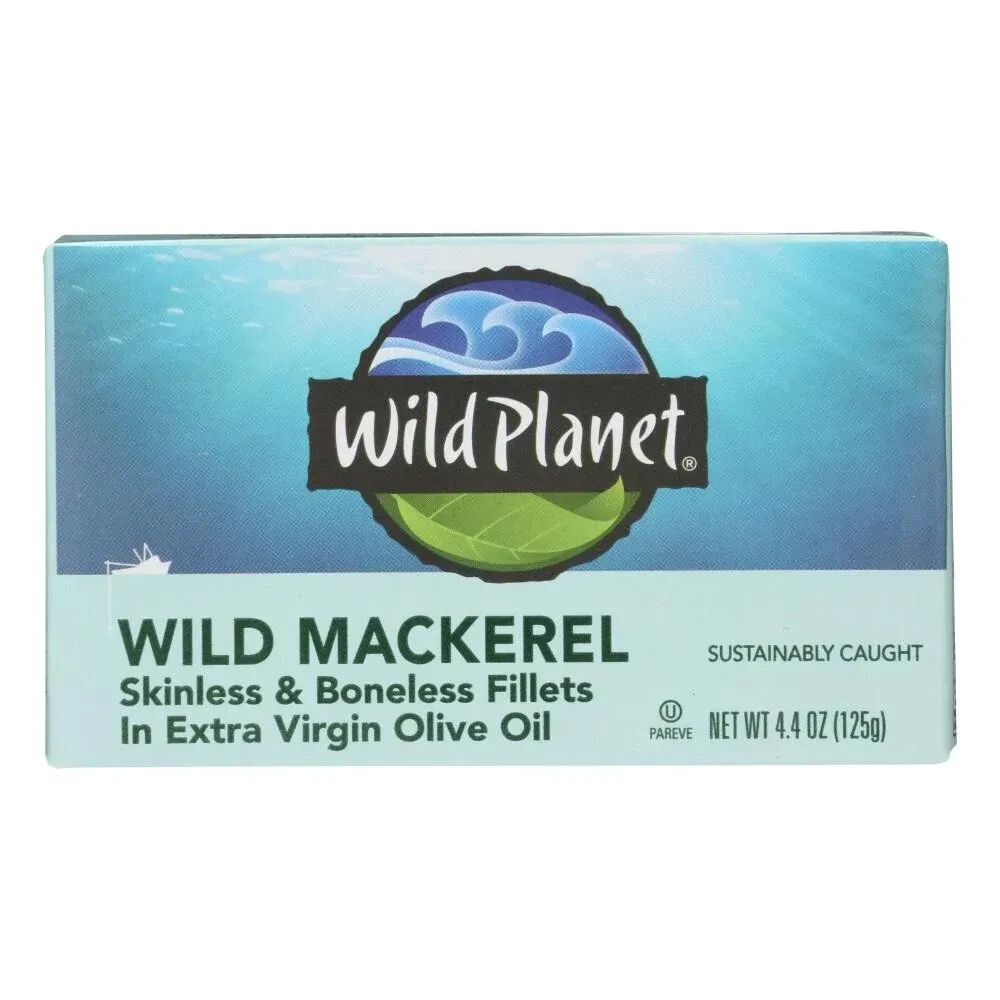 Wild Planet Wild Mackerel Fillets in Extra Virgin Olive Oil - Case of 12 - 4.375 oz. 4.4 oz