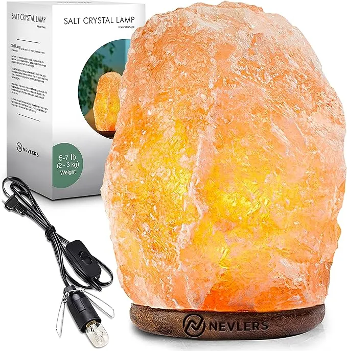 Nevlers 5-7 lbs Hand Crafted Himalayan Salt Lamp with Beautiful Wood Base - 6-8" Tall Salt Rock Lamp | Himalayan Pink Salt Lamp Includes On/Off Switch & Bulb |Night Lights & Decor (Natural)