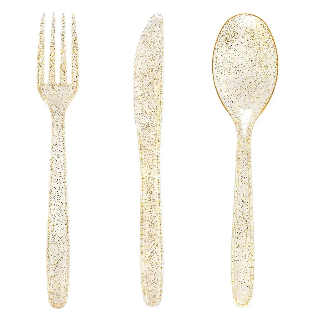 WDF 360 Gold Plastic Silverware- Disposable Gold Glitter Plastic Cutlery ...