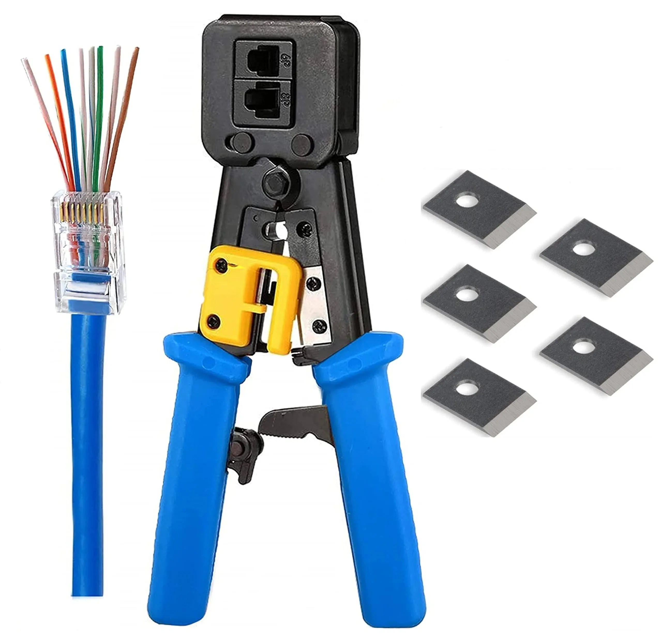 Rj45 Crimp Tool Ethernet Pass Thru Crimper With 5pack 8pin Replacement Blades Fo