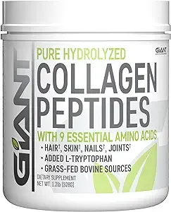 Giant Sports Collagen Peptide Powder - Hydrolyzed Complete All Essential Amino Acids with L-Tryptophan, Great for Skin, Hair, Nails, Bones, Joints - Grass Fed Pasture Raised Type 1 Type 3-1 LB