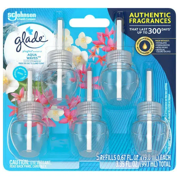 Glade PlugIns Scented Oil, Aqua Waves, Refills - 5 pack, 0.67 fl oz refills