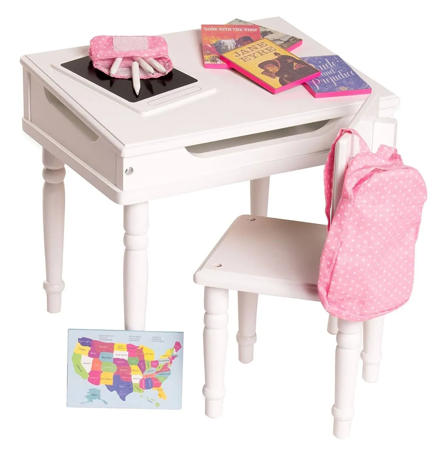 18 inch Doll Furniture Desk and Chair Set - Classroom Accessories Included ...