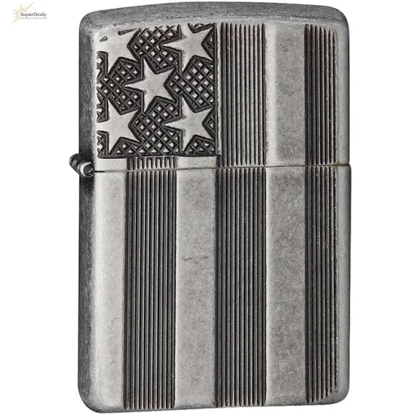 Zippo American Flag Armor Plate, Antique Silver