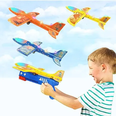 Kids Toys Airplane Launcher Toys - 3 Pack LED Plane Toys Include 3 Sets of Dinosaur Themed Stickers, Fun Game Kids Outdoor Toys, Christmas Birthday Gift Toys