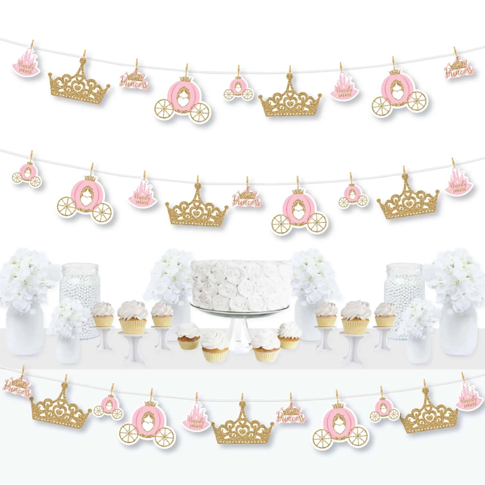 Little Princess Crown - Pink and Gold Princess Baby Shower or Birthday Party DIY Decorations - Clothespin Garland Banner - 44 Pieces