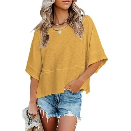 Women s Summer Casual Crewneck 3/4 Sleeve T-Shirts Solid Color Loose Fit Cute Basic Tops Tees Blouses