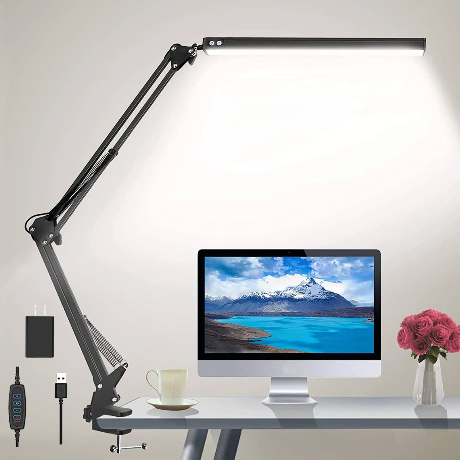 LED Folding Metal Desk Lamp Clip on Light Clamp Long Arm Dimming Table Lamp