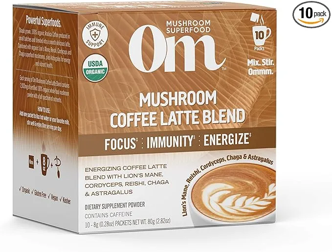 Om Mushroom Superfood Coffee Latte Blend Mushroom Powder, Single Serve, 10 Count, Lion's Mane, Cordyceps, Reishi, Chaga, Energy & Mental Clarity Support Supplement