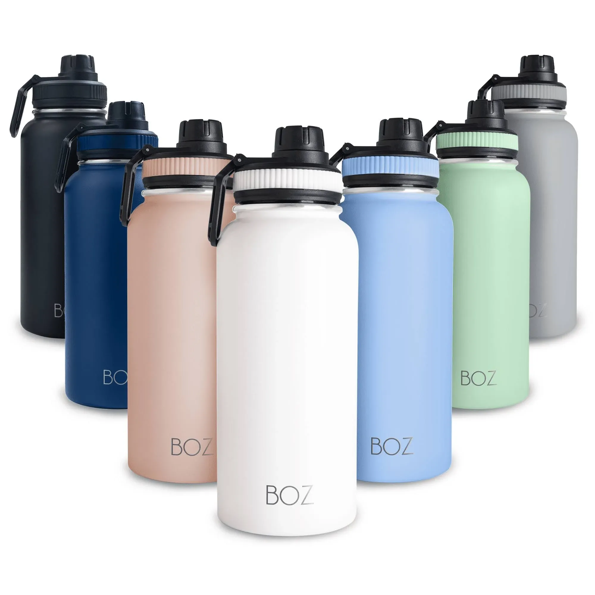 BOZ Stainless Steel Water Bottles 2 Pack Bundle - Blue Water Bottle + Black Water Bottle - Vaccum Insulated Water Bottles 32 Oz - Wide Mouth BPA Free Sport Water Bottles for Gym with Spout Lid