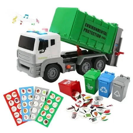 CUTE STONE 12" Garbage Truck Toys Trash Truck Recycle Truck with Sound and Light, Friction Powered Truck with 4 Garbage Cans, Push and Go Pull Back Car, Environmental Education Toys, Birthday Gift for Boys