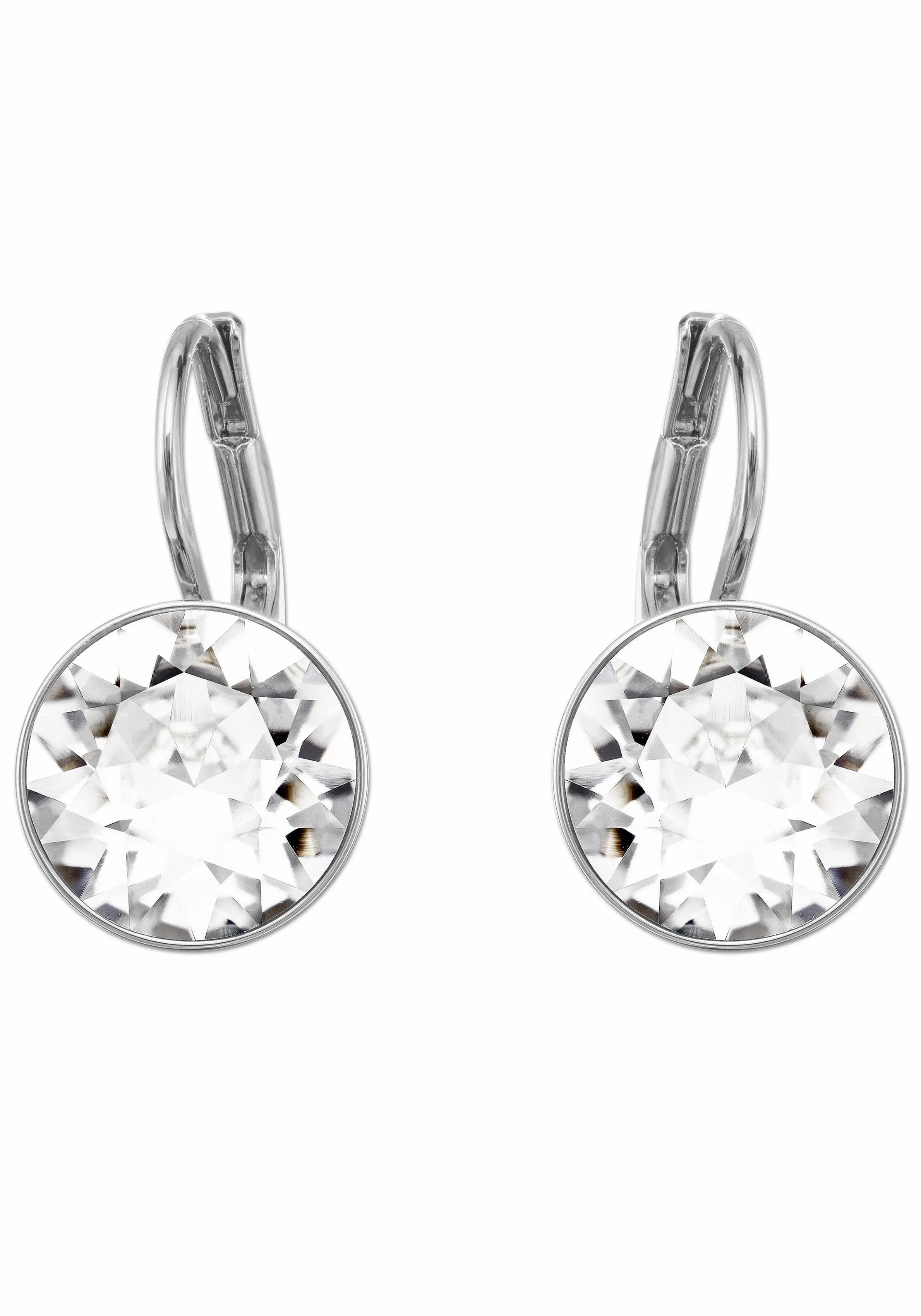 clear Swarovski crystal round dangle leaver back silver earrings