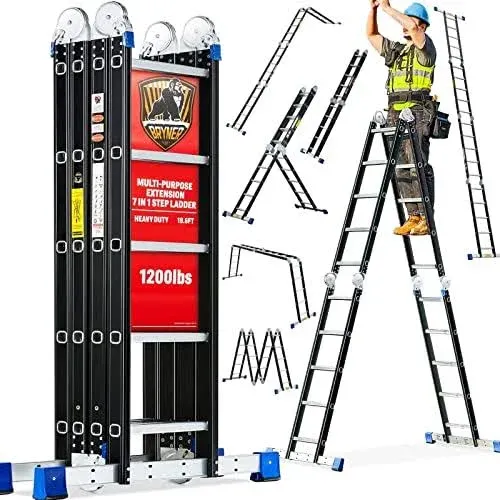 Step Ladder, Bryner 19.6ft 7 in 1 Folding Ladder Multi-Purpose Aluminium Extension Ladder Adjustable Telescoping Foldable Ladders 530lbs