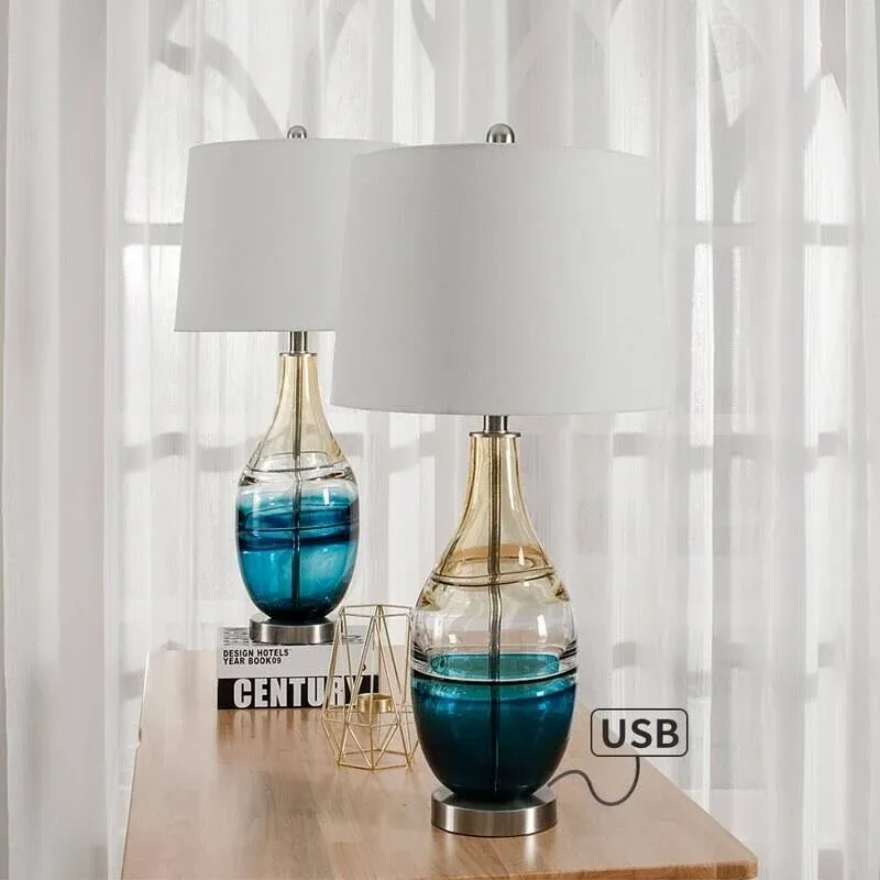 27.37&#034; Blue Table Lamp Set with USB (Set of 2) Gold&amp;Blue