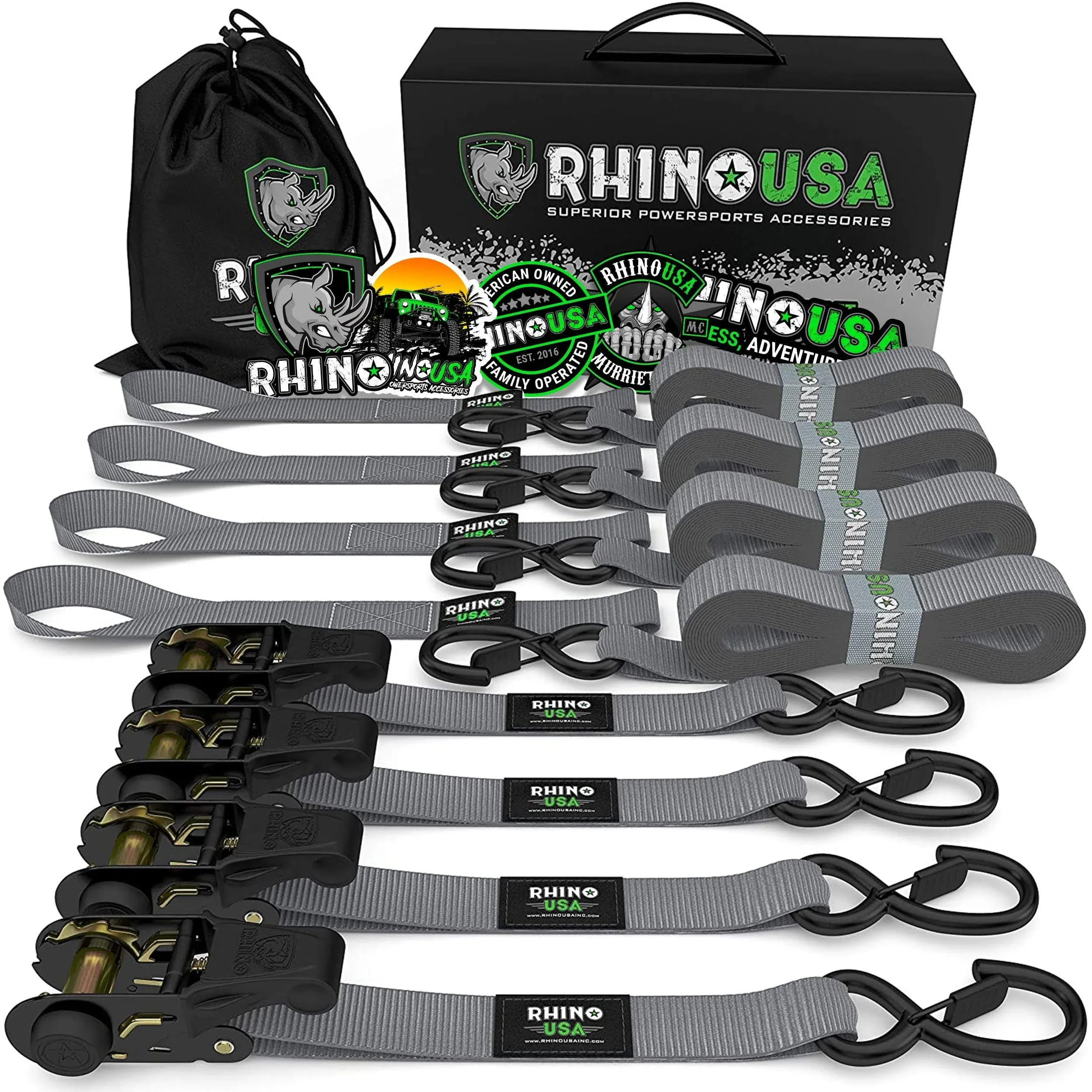 RHINO USA Ratchet Tie Down Straps (4PK) - 1,823lb Guaranteed Max Break Strength, Includes (4) Premium 1" x 15' Rachet Tie Downs with Padded Handles. Best for Moving, Securing Cargo (Green 4-Pack)