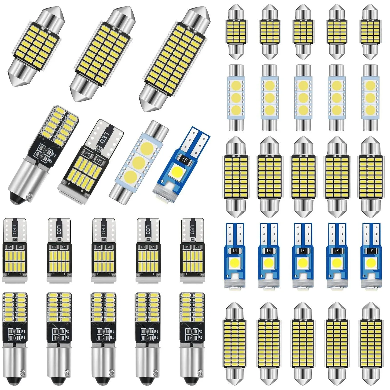 ABEN 42 Pieces Interior Car Lights 28 mm 31 mm 36 mm 41 mm BA9S T5 T10 LED Bulb Kit LED Dome Light for Map Dome Trunk Cargo Door Courtesy License Plate Light (White)