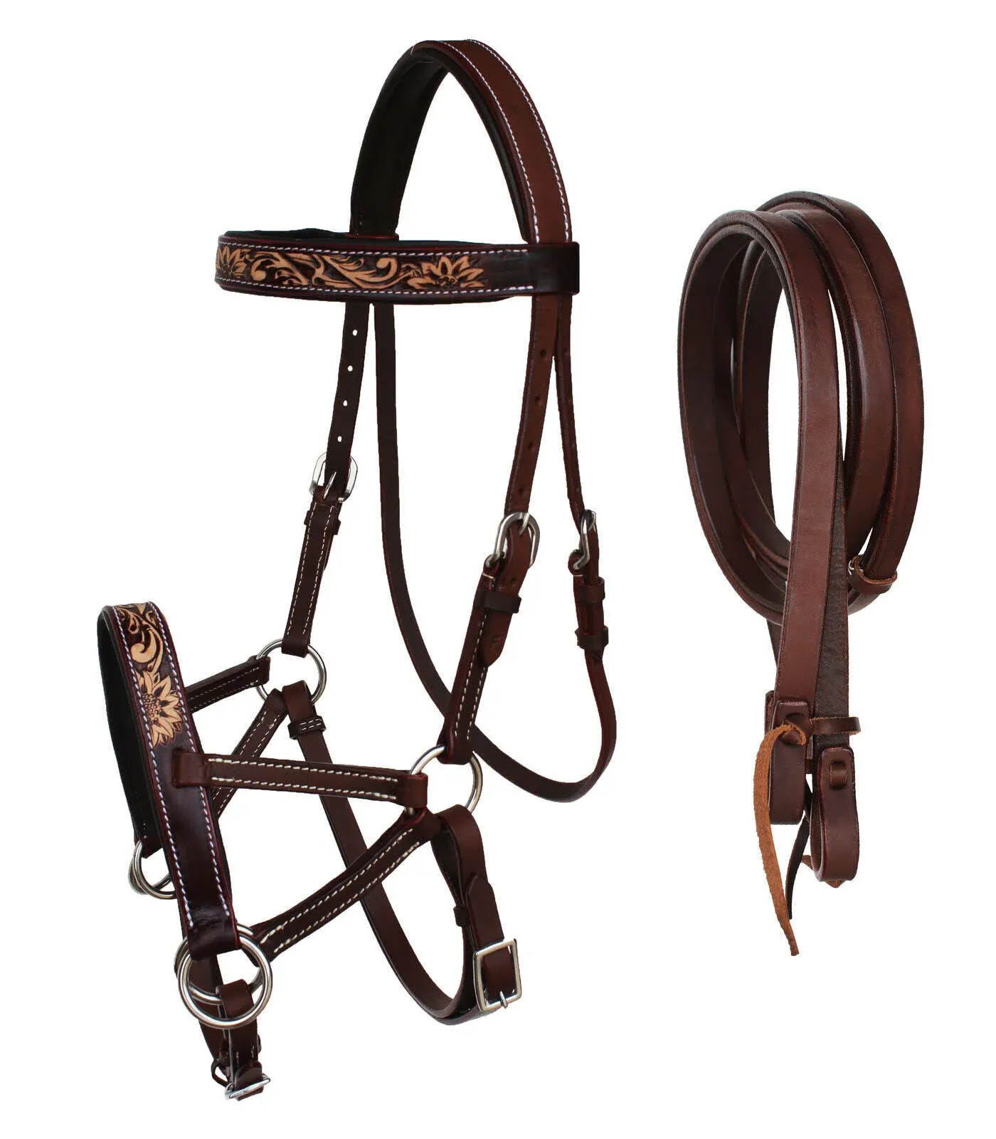 Challenger Horse Western Leather Bitless Sidepull Bridle Split Reins 77RS29BR