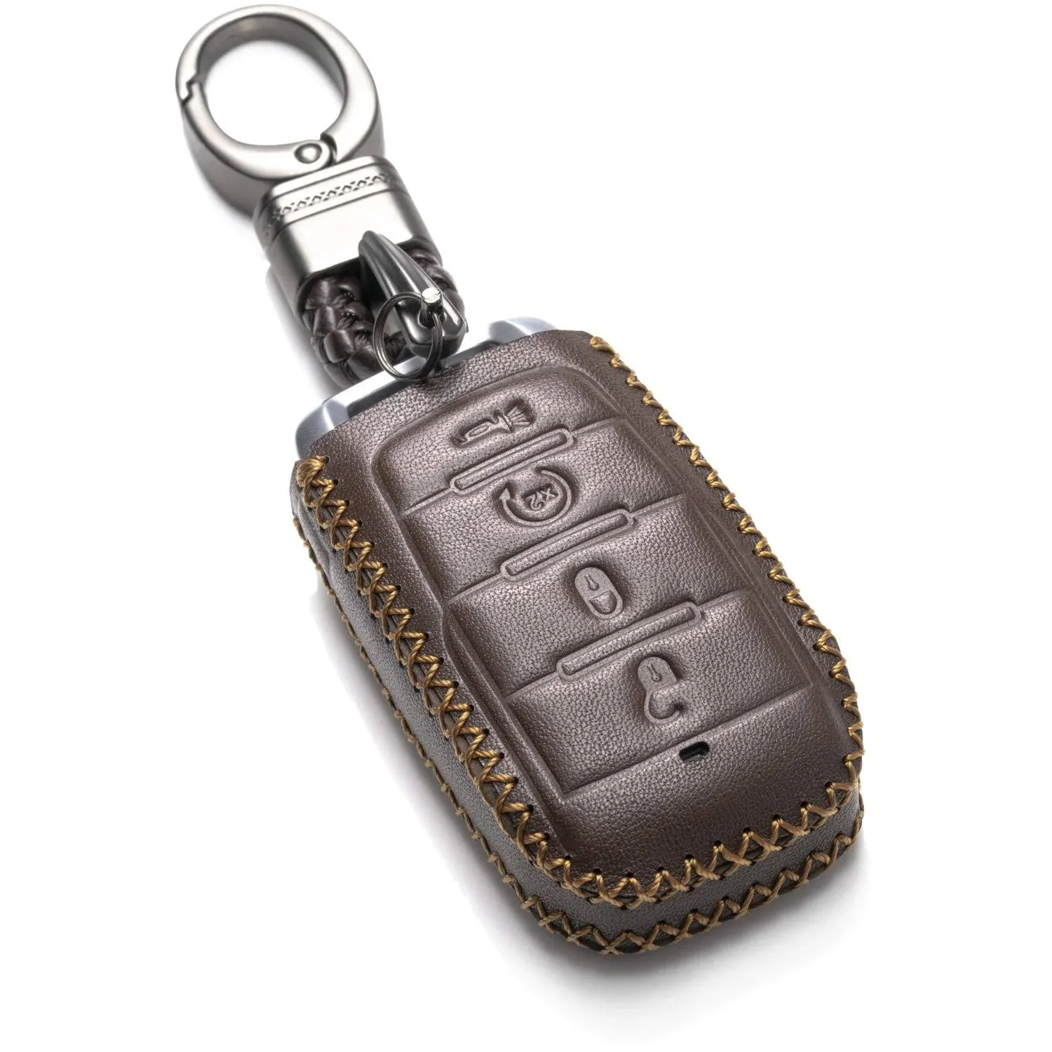 Vitodeco Genuine Leather Smart Key Fob Case Cover Protector Compatible with Ram 1500, Ram 2500, Ram 3500 2019 - 2024 (4-Button, Brown)