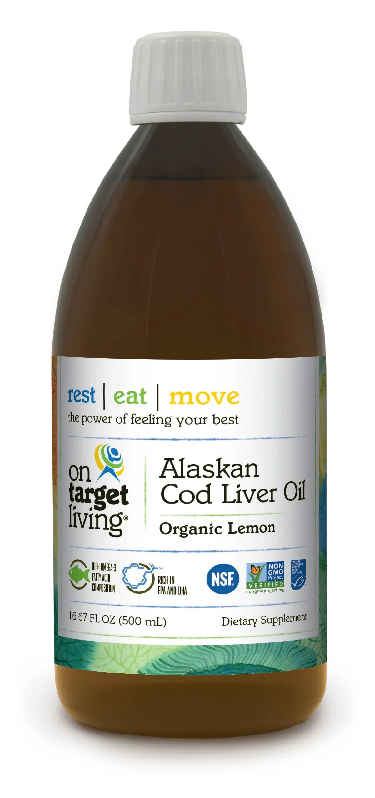 On Target Living Alaskan Cod Liver Oil Organic Lemon Flavor 16.67 oz | Line Caught in The USA | Naturally Occurring Vitamin D | Rich in Omega 3 DHA/EPA | Non-GMO Project Certified |