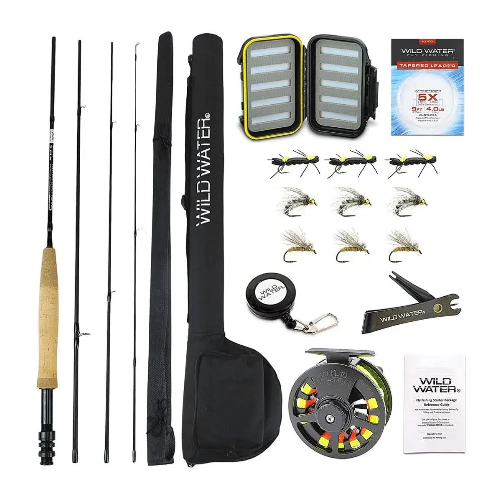 Wild Water Fly Fishing Starter Package | Excellent Fishing Equipment for Beginners | 9-Foot Pole, 4-Piece Fly Rod Kit | Fits 5/6 Weight Line - Comes with 32-Inch Hard Tube Case with Reel Pouch