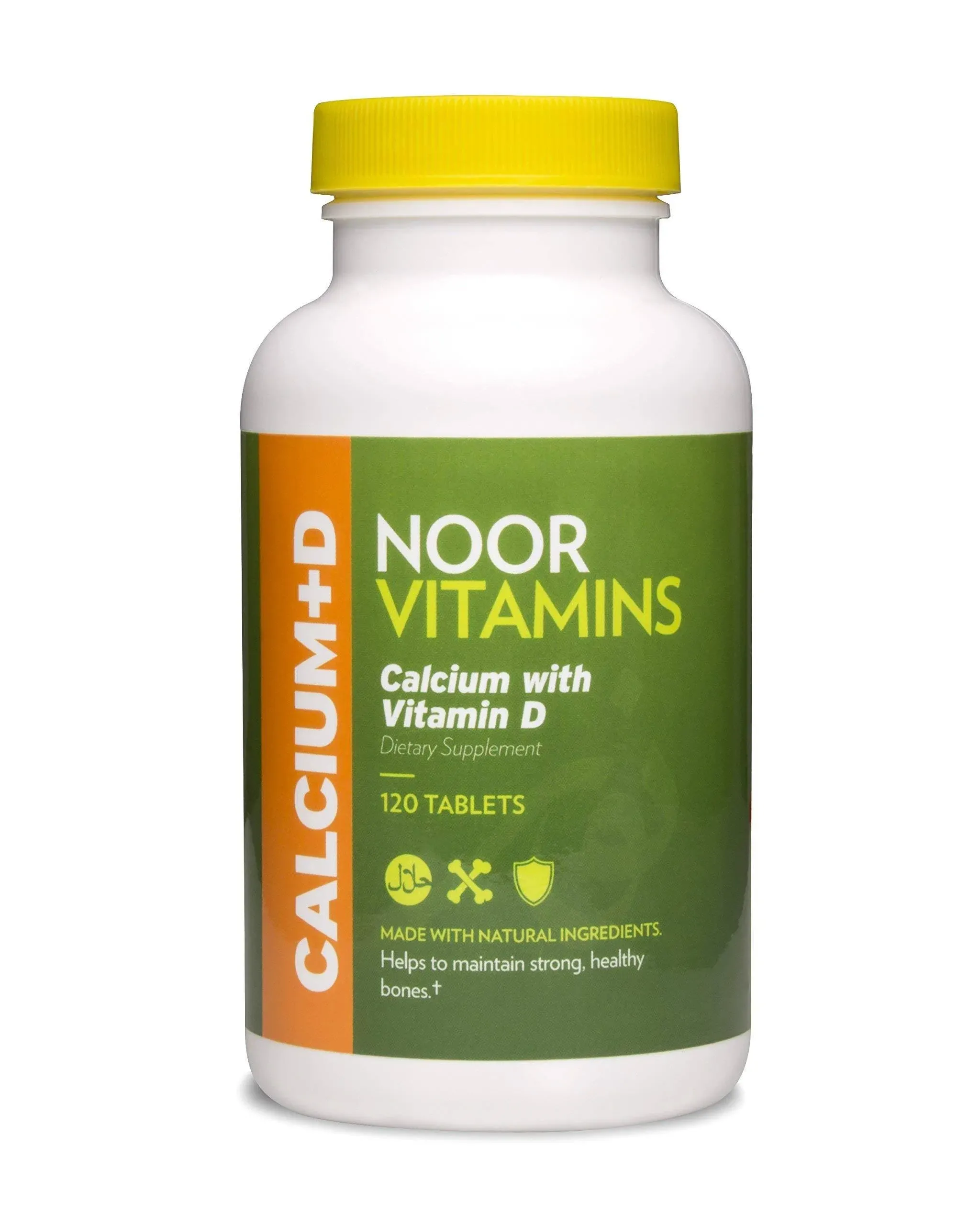 Noor Vitamins Halal Calcium Plus Vitamin D Bone & Immune Support | 600 mg Calcium & 800 IU (20 mcg) D2 per Tablet | aids in Absorption of Calcium into Bones, Non-GMO, Vegetarian & Halal (120 Tablets)