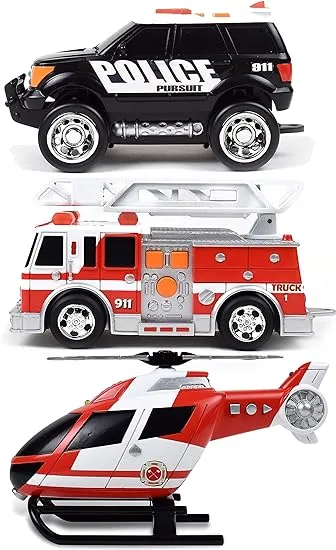 Sunny Days Entertainment Mini Rescue Vehicles 3 Pack – Lights and Sounds Pull Back Toy Vehicle with Friction Motor | Includes Police SUV Fire Truck and Helicopter – Maxx Action