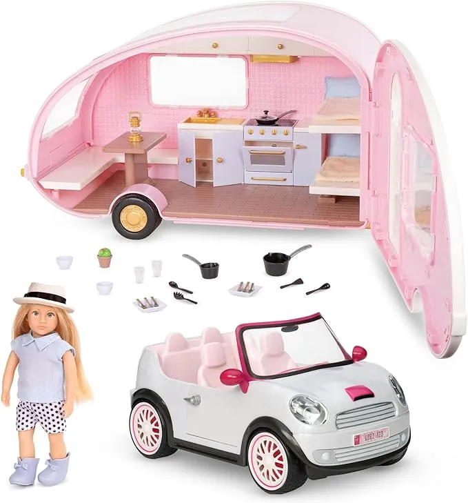 Lori Dolls – Eliza's Glamping Set – Mini Doll, Camper & Car – 6-inch Doll & Camping Accessories – Camping Trailer & Convertible Car – Playset for Kids – 3 Years +