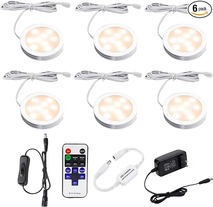 AIBOO Dimmable LED Under Cabinet Lighting, Counter Showcase Kitchen Lighting Fixtures with 12V Plug in adapter and Dimmable Wireless Remote Control, 6 Ultra Slim Puck Lights Kit (Warm White)