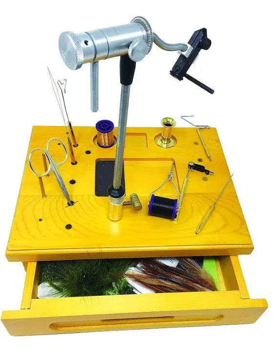 Creative Angler Wooden Fly Tying Station with Rotary Vise, Fly Tying Tools, and Fly Tying Materials