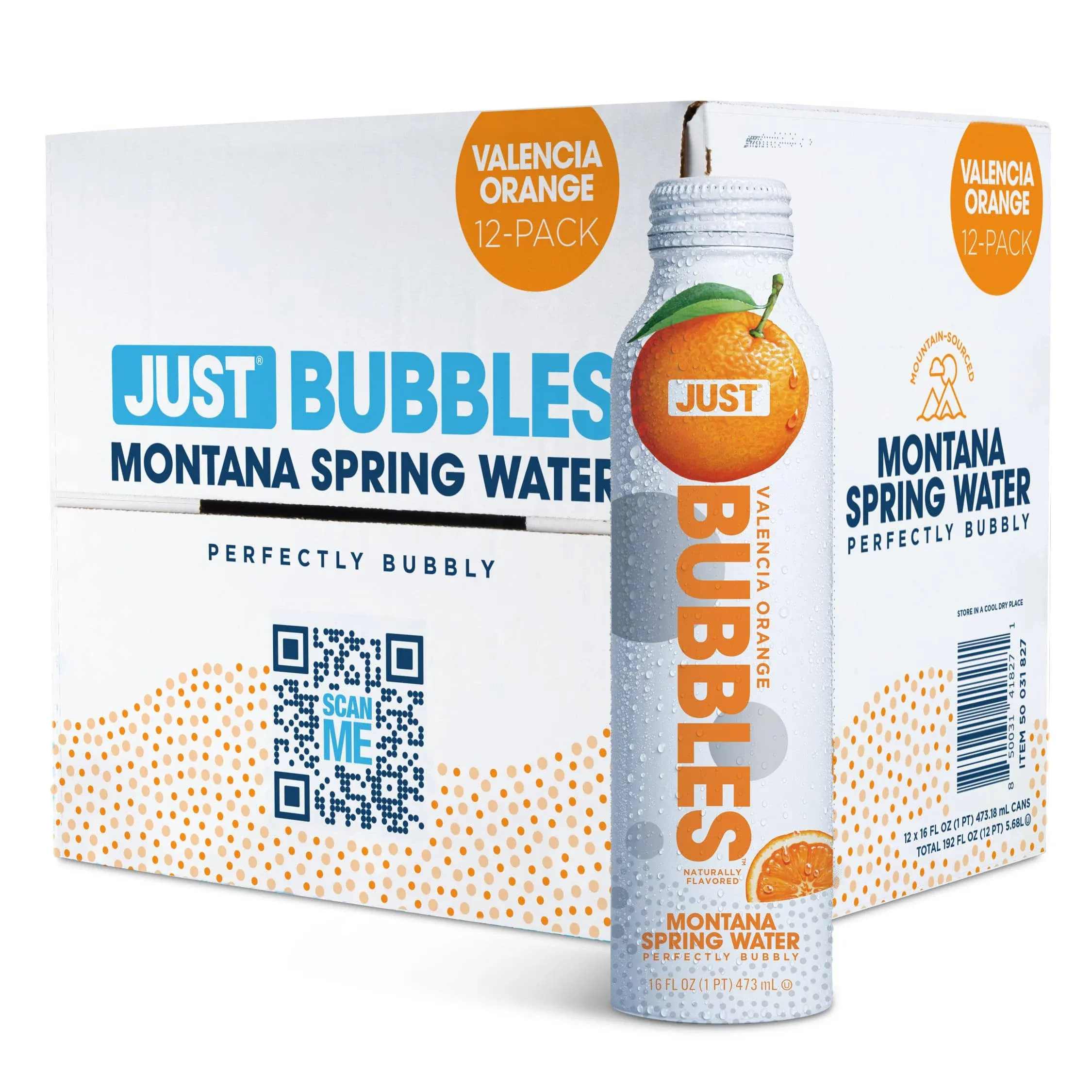 JUST Bubbles Valencia Orange- Pure Premium Sparkling Spring Water in a Fully Recyclable Reusable Eco-Friendly Bottle - 100% Mountain-Sourced Carbonated Water with Naturally Occurring Minerals, 16 Fl