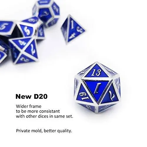 Haxtec Metal Dice Set D&D Silver Navy Blue Metal Polyhedral DND Dice for Dungeons and Dragons-Glossy Enamel Dice (Silver Navy Blue)